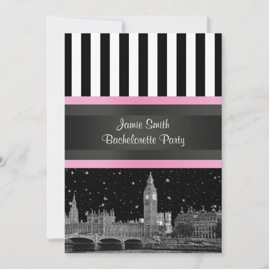 Invitation Londres Skyline BW Noir Blanc Strp Rose EVJF (Devant)