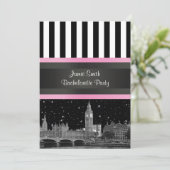 Invitation Londres Skyline BW Noir Blanc Strp Rose EVJF (Debout devant)