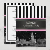 Invitation Londres Skyline BW Noir Blanc Strp Rose EVJF (Devant / Derrière)