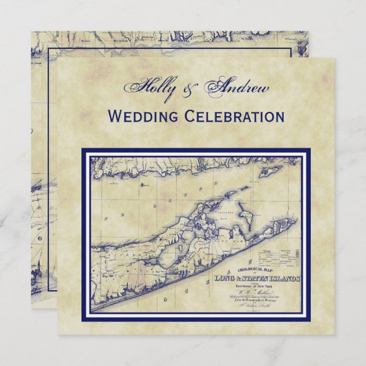 Invitation Long Island The Hamptons Map Distressed Mariage SQ (Devant / Derrière)