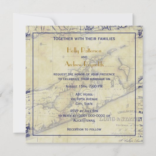 Invitation Long Island The Hamptons Map Distressed Mariage SQ (Dos)