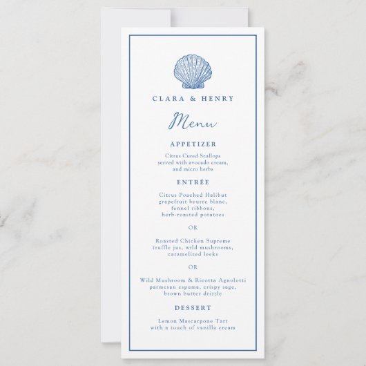 Invitation Long menu de mariage bleu français à coquillages (Devant)