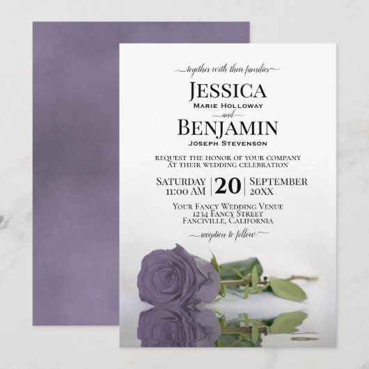 Invitation Long-Stemmed Dusty Purple Rose Elegant Wedding (Devant / Derrière)
