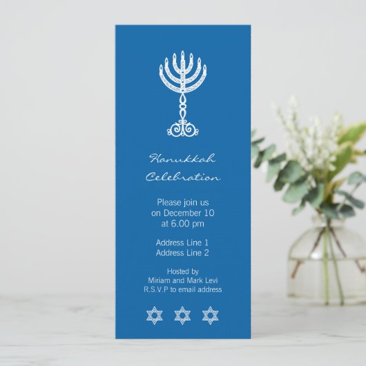 Invitation longue bleue Hanoukka Motif (Debout devant)
