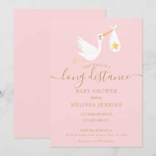 Invitation Longue Distance Rose Baby Girl Douche Par Courrier (Devant / Derrière)