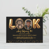 Invitation Look Who's 90 Black Gold Photo Ninety Birthday (Debout devant)