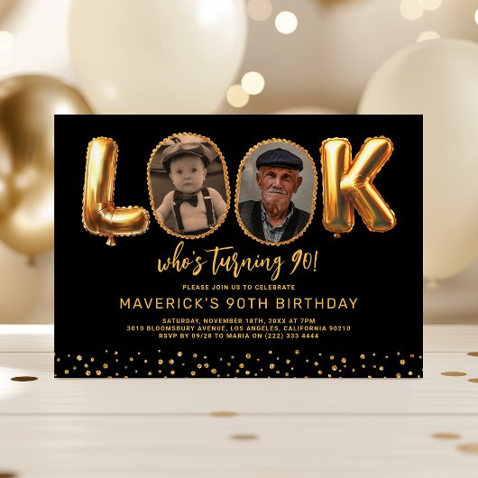 Invitation Look Who's 90 Black Gold Photo Ninety Birthday