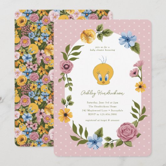 Invitation LOONEY TUNES™ | Baby shower floral TWEETY™ (Devant / Derrière)