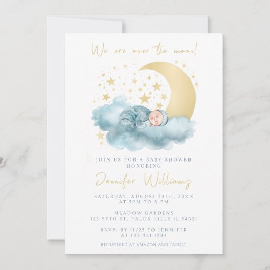 Invitation L'or bleu sur la lune bébé garçon douche Invitatio (Devant)