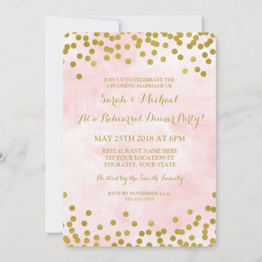 Invitation L'or rose d'aquarelle pointille le dîner de (Dos)