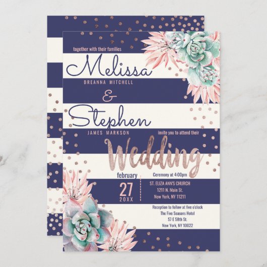 Invitation L'or rose de cactus de rayures roses de marine (Devant / Derrière)