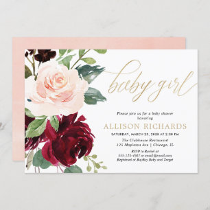 Invitation L'or rose et le baby shower aux fleurs bordeaux