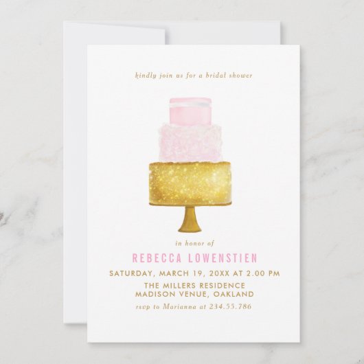 Invitation L'or rougissent Fête de la mariée rose de gâteau (Devant)