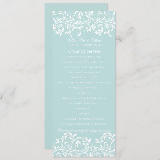 Invitation L'ordre de service bleu clair et blanc de Sarah Ja (Devant / Derrière)