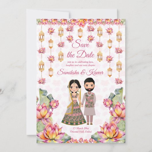Invitation Lotus lanterns Mariage indien enregistrer la date (Devant)