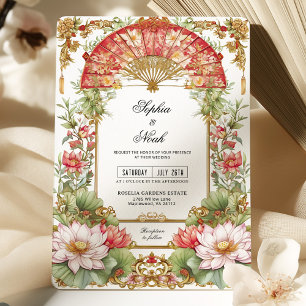 Invitation Lotus rose et ventilateur rouge asiatique Mariage 