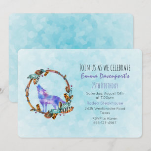 Invitation Loup aquarelle avec une couronne de style boho pou