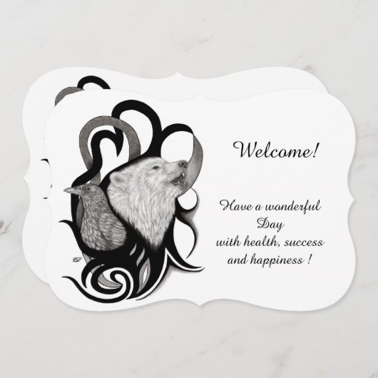 Invitation Loup blanc avec corbeau, Ajouter votre texte (Devant / Derrière)