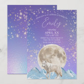 Invitation Loup blanc et lune aurores boréales (Devant / Derrière)