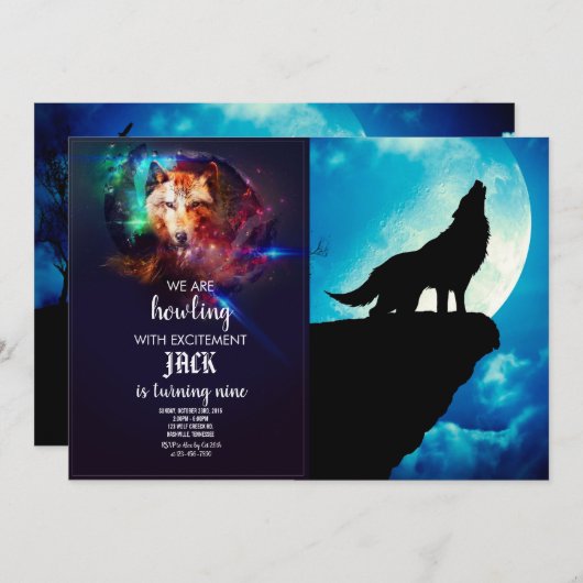Invitation Loup en silhouette hurlant à la pleine lune (Devant / Derrière)