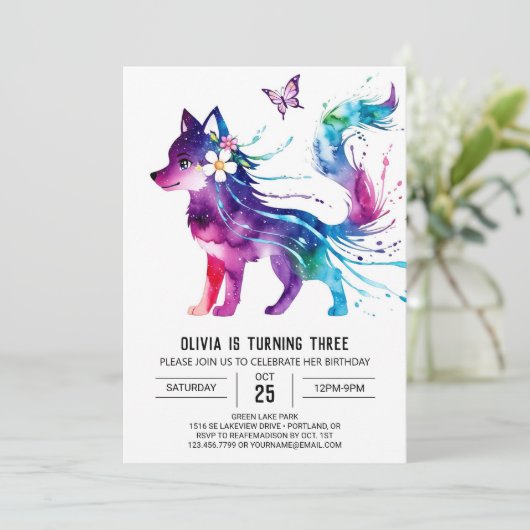 Invitation Loup Fantaisie Rose Fille Numérique Anniversaire (Debout devant)