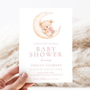 Invitation L'ours en peluche dormant sur le Baby shower rose 