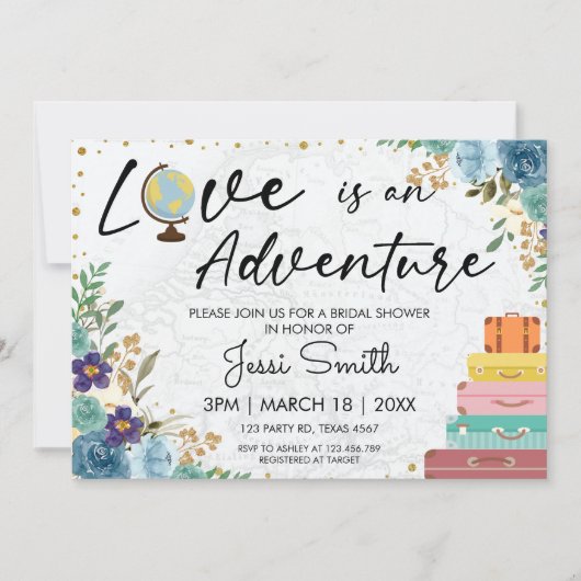 Invitation Love Adventure Suitcase Blue Floral Fête des marié (Devant)