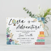 Invitation Love Adventure Suitcase Blue Floral Fête des marié (Debout devant)