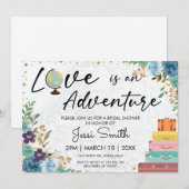 Invitation Love Adventure Suitcase Blue Floral Fête des marié (Devant / Derrière)