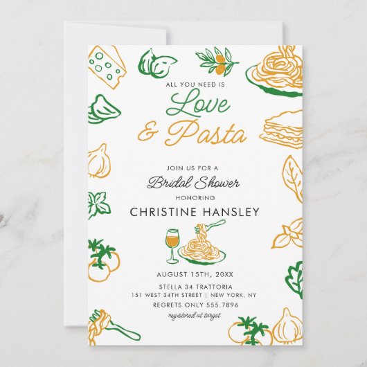 Invitation Love and Pasta Hand Drawn Bridal shower (Devant)