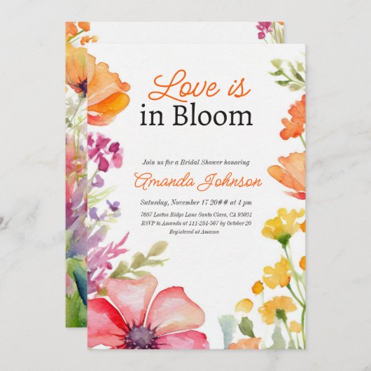 Invitation Love Bloom Fleur sauvage Peach Fête des mariées fl (Devant / Derrière)