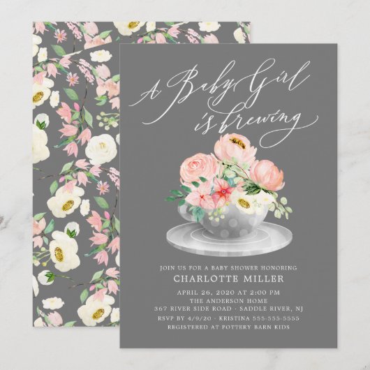 Invitation Love Brewing Pink Peonies Floral Baby Tea Douche (Devant / Derrière)