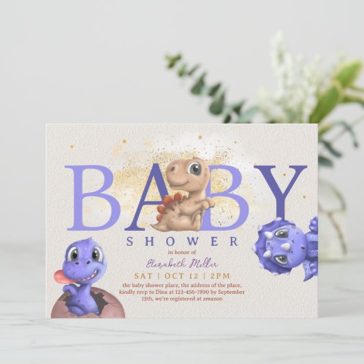 Invitation Love Dino Simple Funny Mignonne Dragon Bébé Garçon (Debout devant)