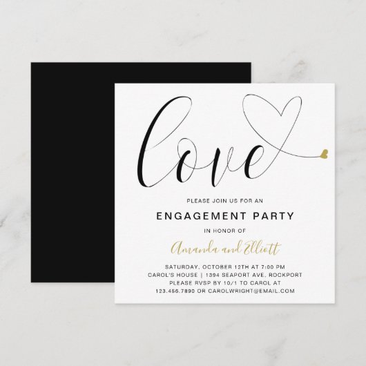 Invitation Love Gold Heart Modern Engagement Party (Devant / Derrière)