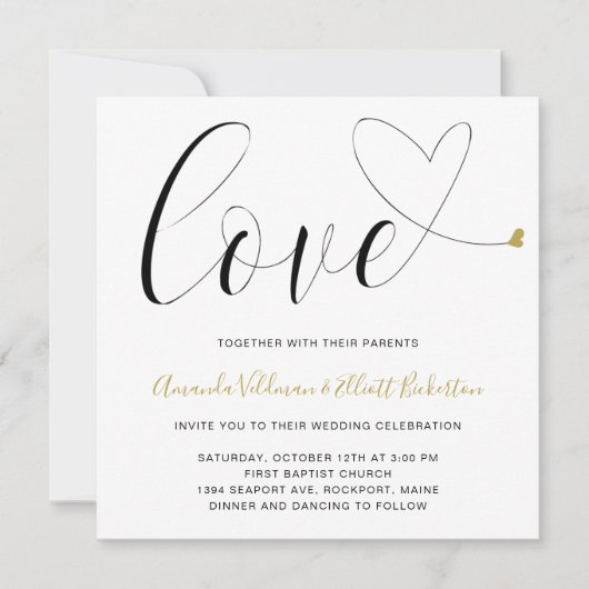 Invitation Love Gold Heart Noir et blanc Mariage moderne (Devant)