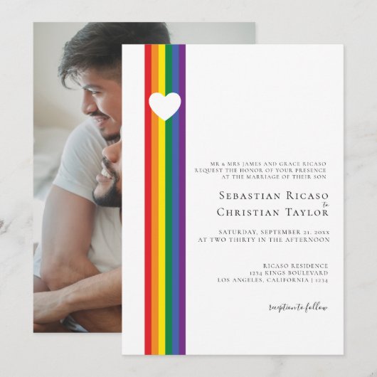 Invitation Love Heart et Rainbow Gay Mariage (Devant / Derrière)