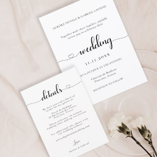 Invitation Love Heart Modern Black And White Détails Mariage