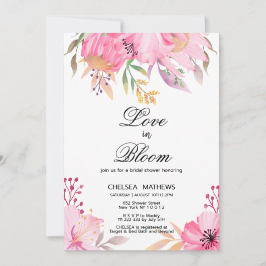 Invitation Love In Bloom botanic fleurs rose Fête des mariées (Devant)