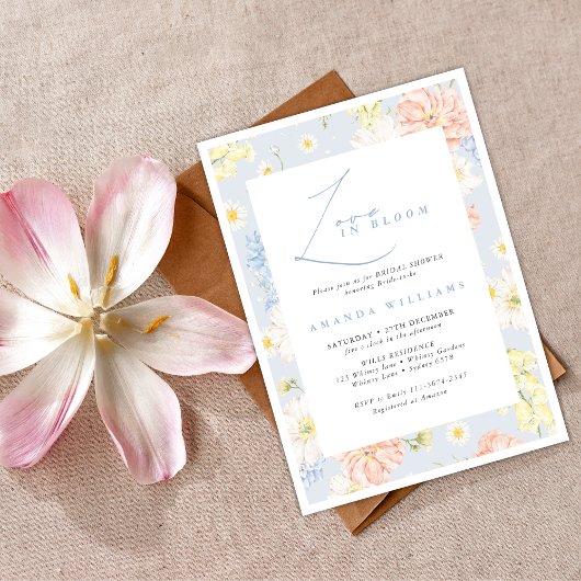 Invitation Love in bloom Modern Blue Flowers Bridal Shower  