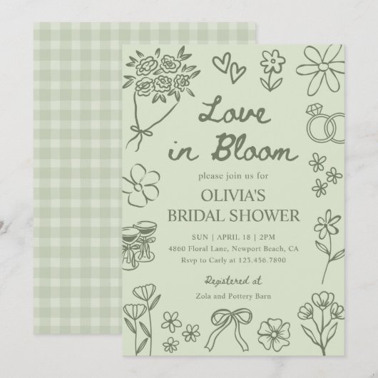 Invitation Love in Bloom Sage Green Hand Drawn Bridal Shower (Devant / Derrière)