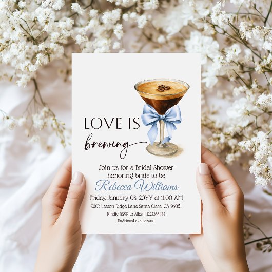 Invitation Love is Brewing Blue Coquette Bow Bridal Shower
