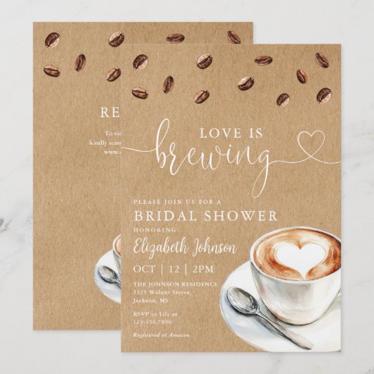 Invitation Love Is Brewing Coffee QR Code Enterrement de Vie (Devant / Derrière)