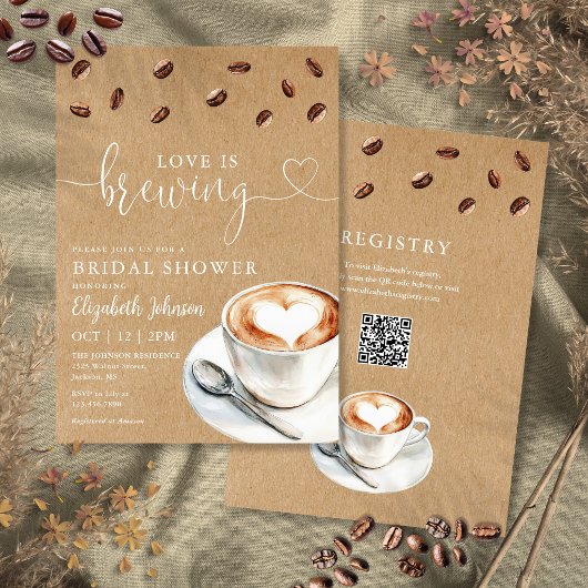 Invitation Love Is Brewing Coffee QR Code Enterrement de Vie