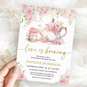 Invitation Love Is Brewing Tea Bridal Shower Rose Florale Chi