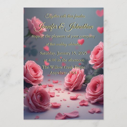 Invitation Love is in Bloom Pink Roses Romantic Wedding (Devant)