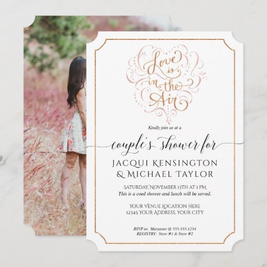 Invitation Love is in the Air Rose Gold Script Couples Photo (Devant / Derrière)