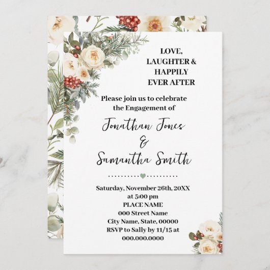 Invitation Love Laughter Happily Engagement Winter Floral (Devant / Derrière)