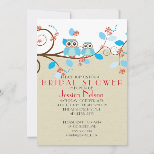 Invitation Love Owl Branches Bois Damask Fête des mariées (Devant)