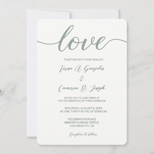 Invitation Love Script Mariage typographie Sage Green (Devant)