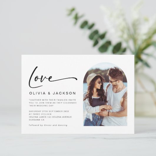 Invitation Love Script Modern Arch Mariage photo (Debout devant)